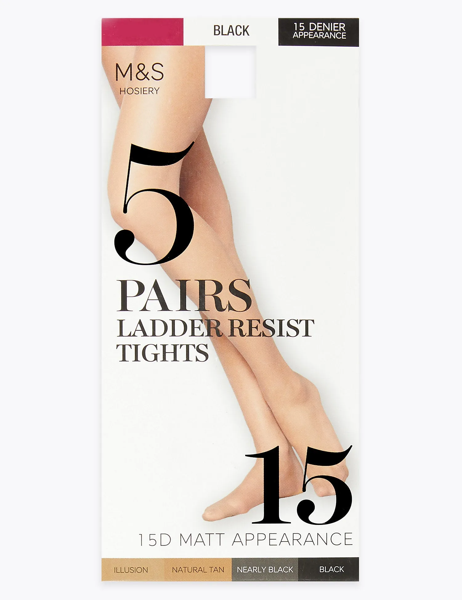 5 Pair Pack 15 Denier Ladder Resist Matt Tights