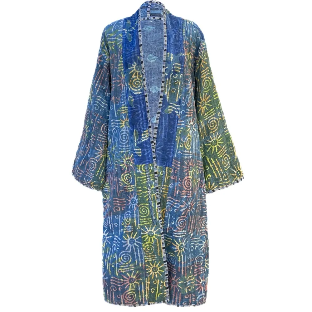 Aesha Indigo Cotton Vintage Quilted Kantha Coat One of a Kind