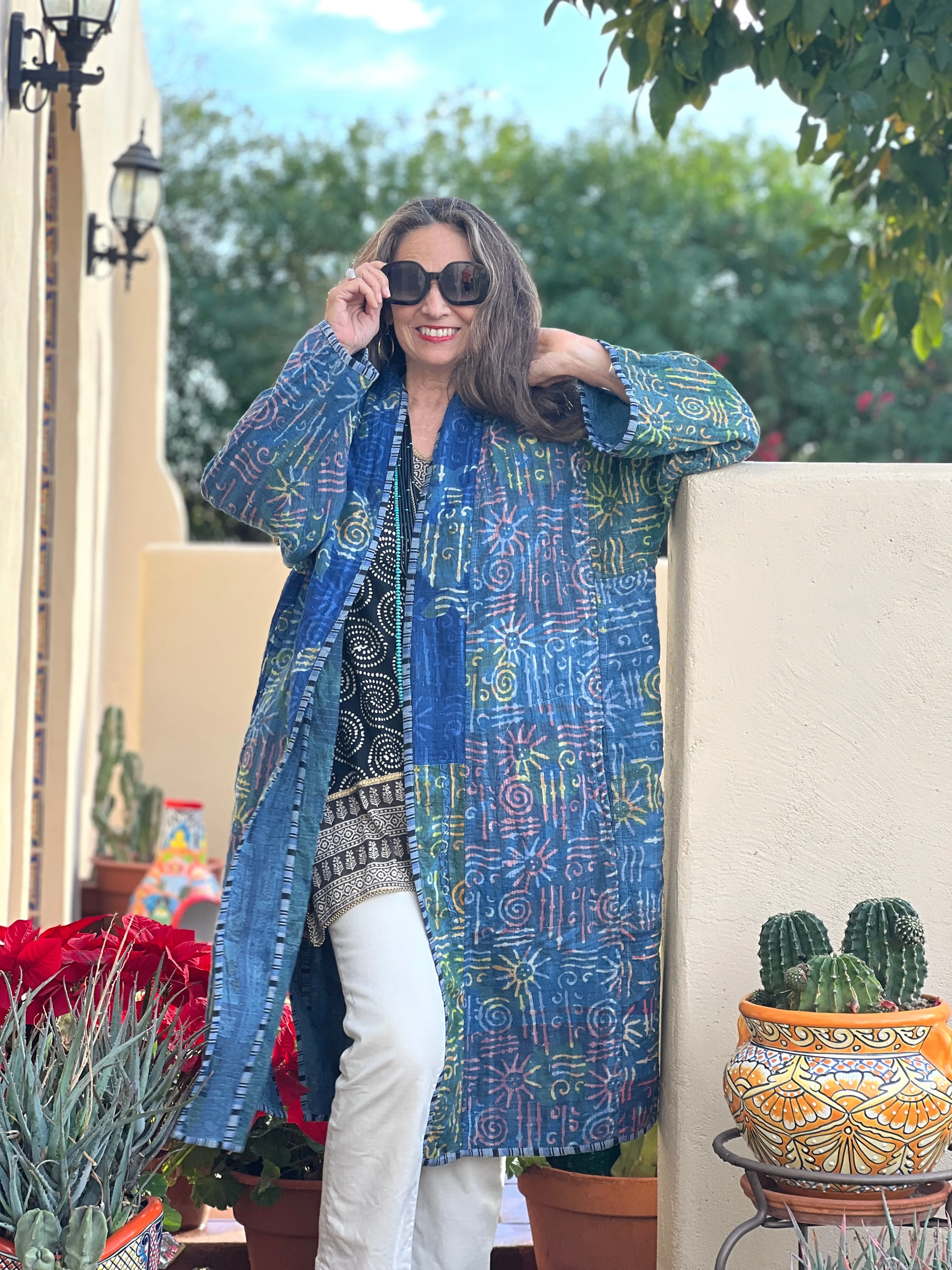 Aesha Indigo Cotton Vintage Quilted Kantha Coat One of a Kind