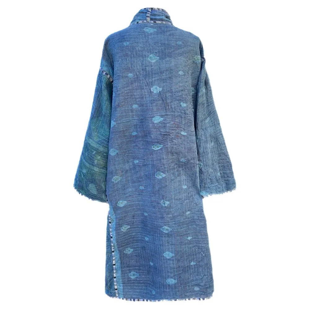 Aesha Indigo Cotton Vintage Quilted Kantha Coat One of a Kind