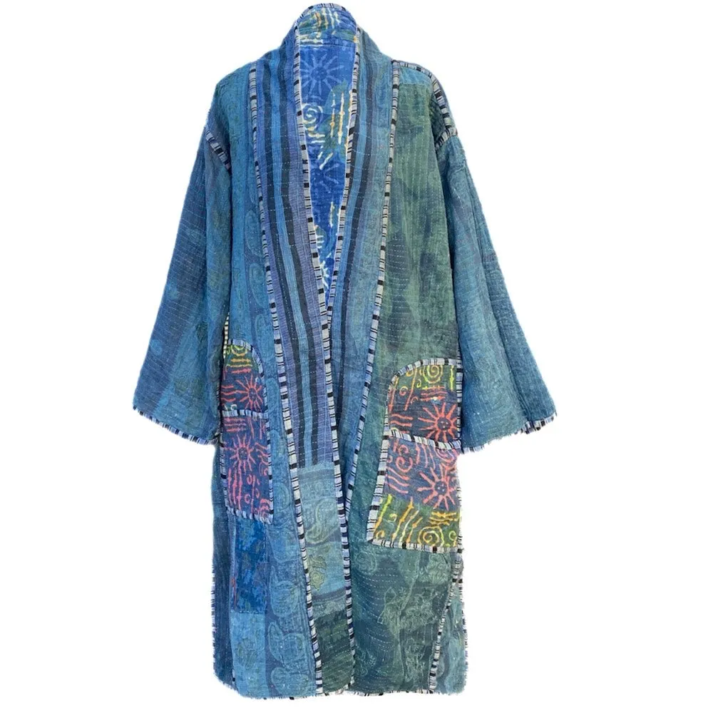 Aesha Indigo Cotton Vintage Quilted Kantha Coat One of a Kind