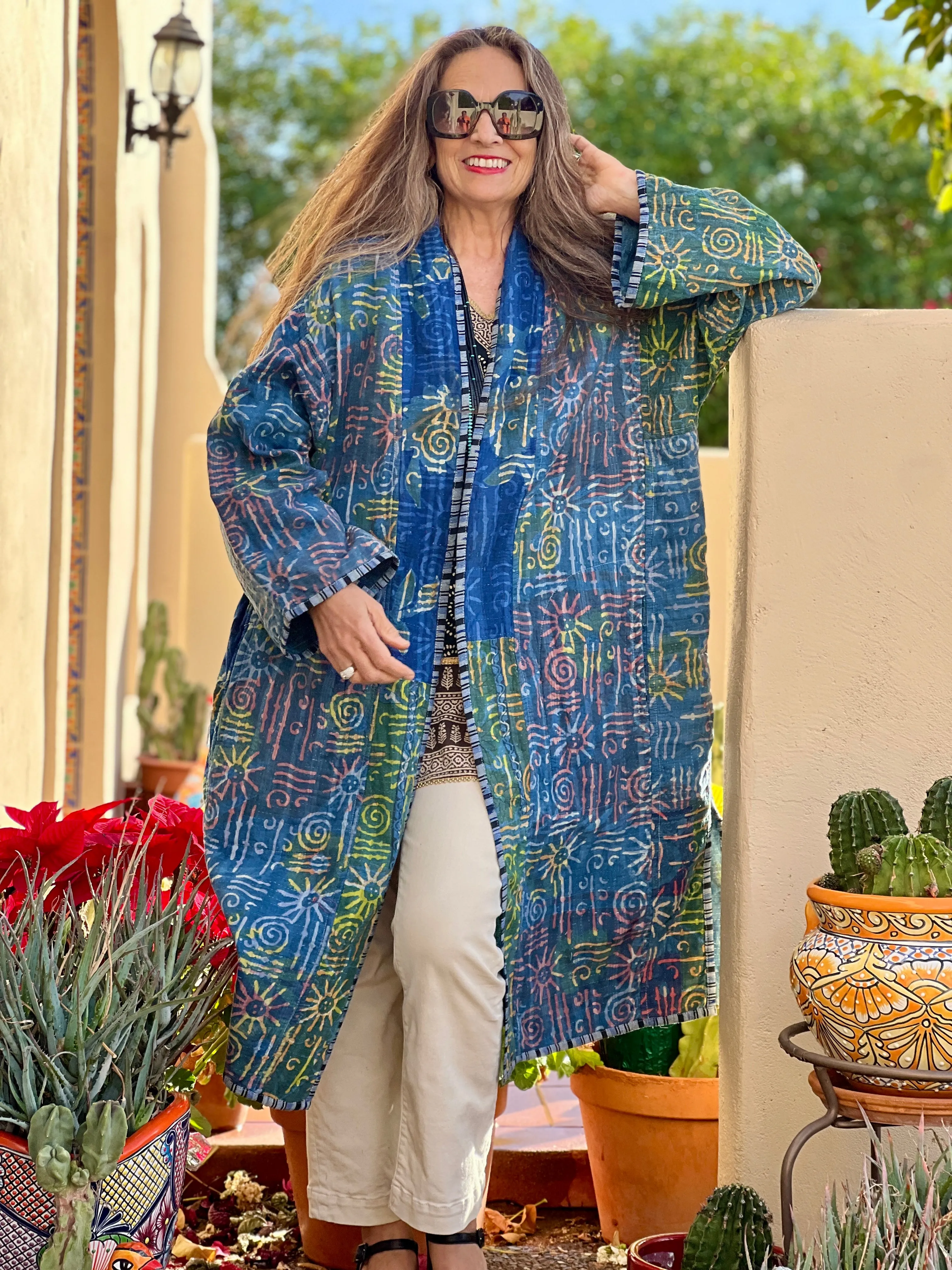 Aesha Indigo Cotton Vintage Quilted Kantha Coat One of a Kind