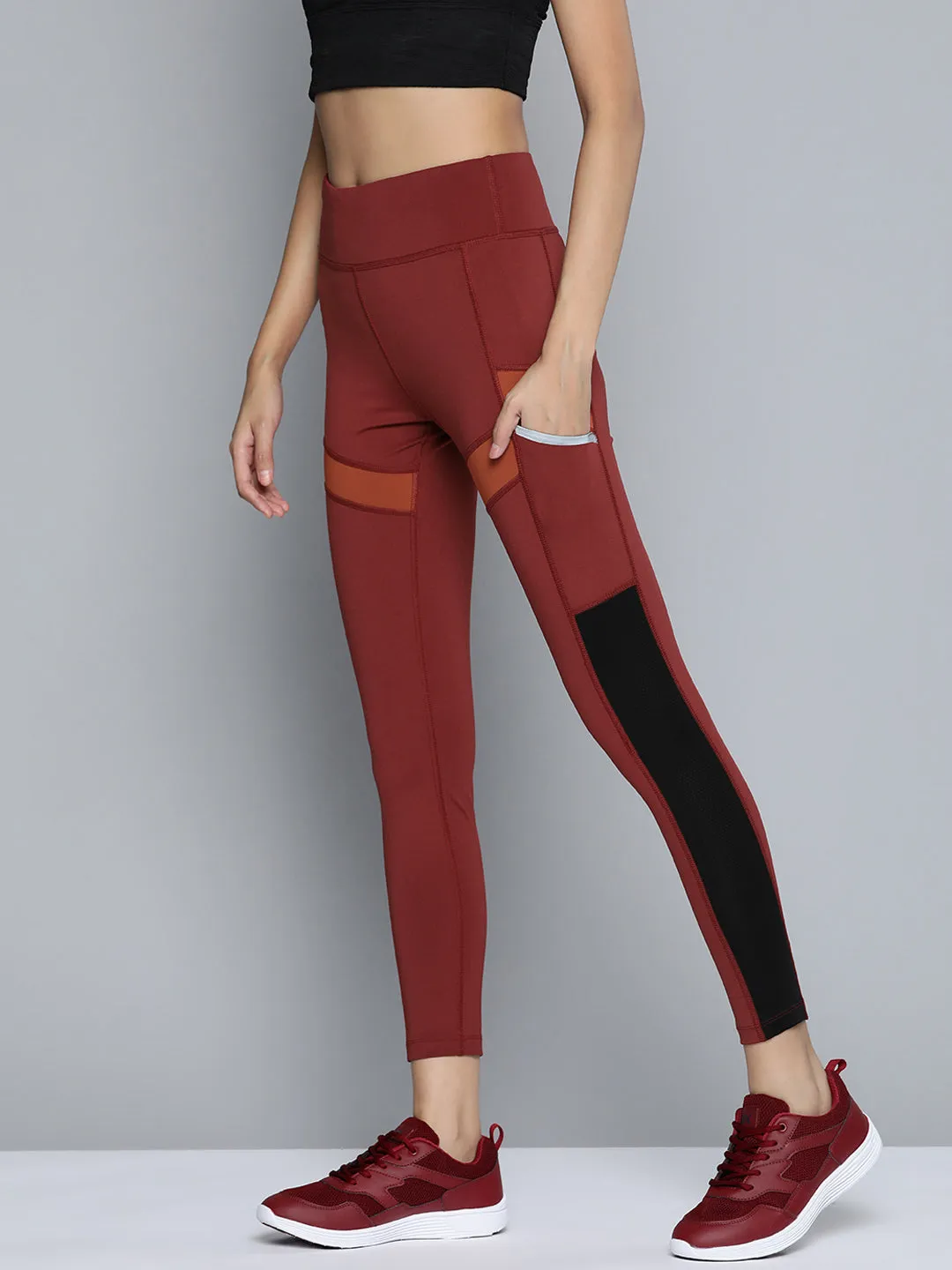 Alcis Women Maroon and Orange Colourblocked Tights