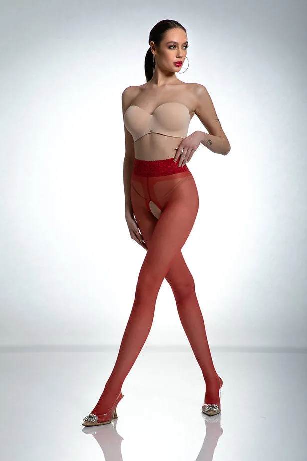 Amour Hip Lace Top Open Gusset Tights - 30 Denier Red