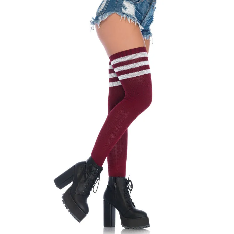 Athletic Style Top Stripe Thigh Highs Burgundy - Leg Avenue