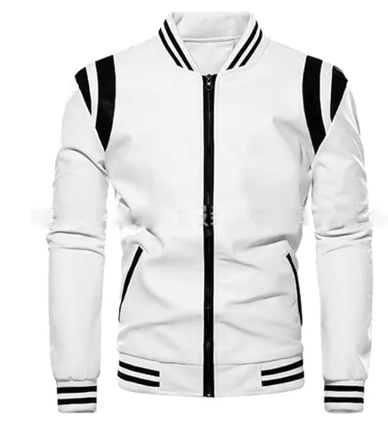 Autumn Winter Bomber Men Leather Jacket White and Black