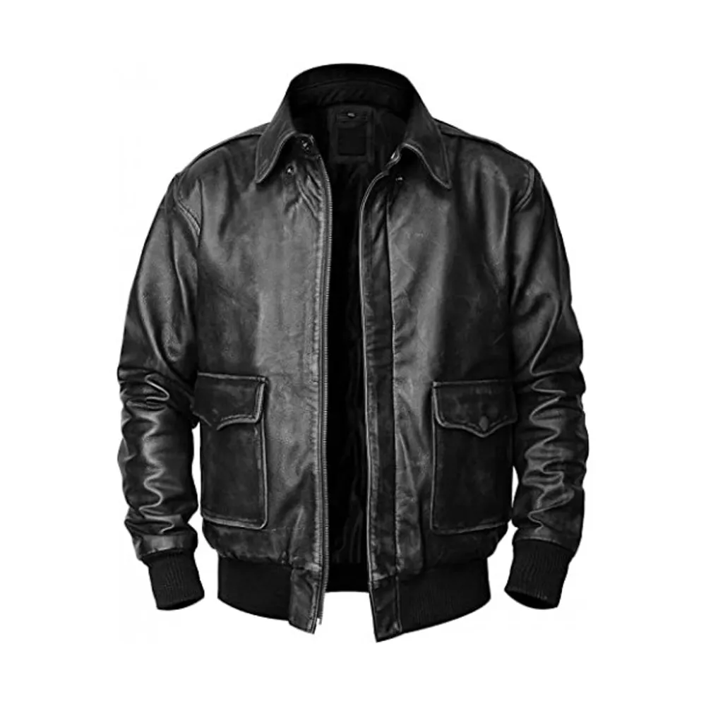 Aviator Distressed Black Leather Airforce Bomber Jacket