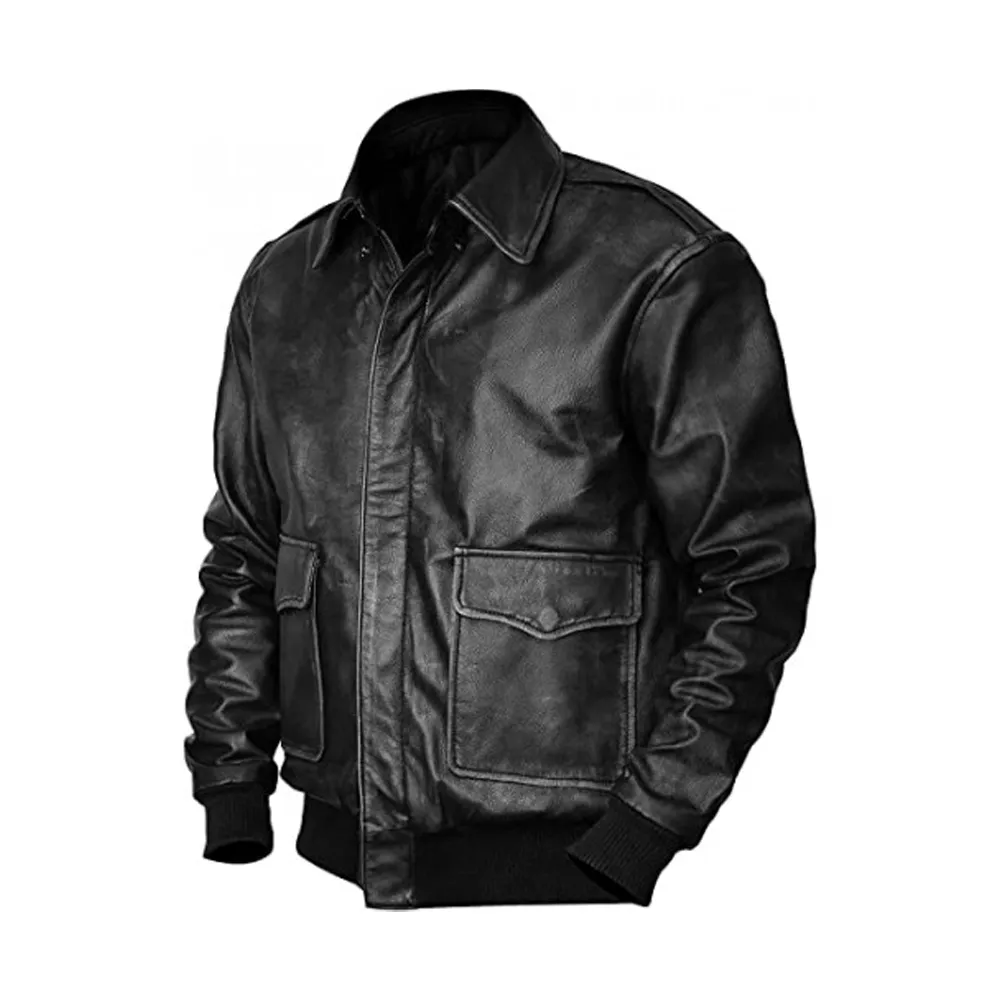 Aviator Distressed Black Leather Airforce Bomber Jacket