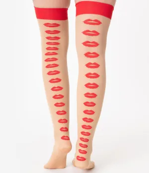 Beige & Red Lips Back Seam Thigh High Stockings