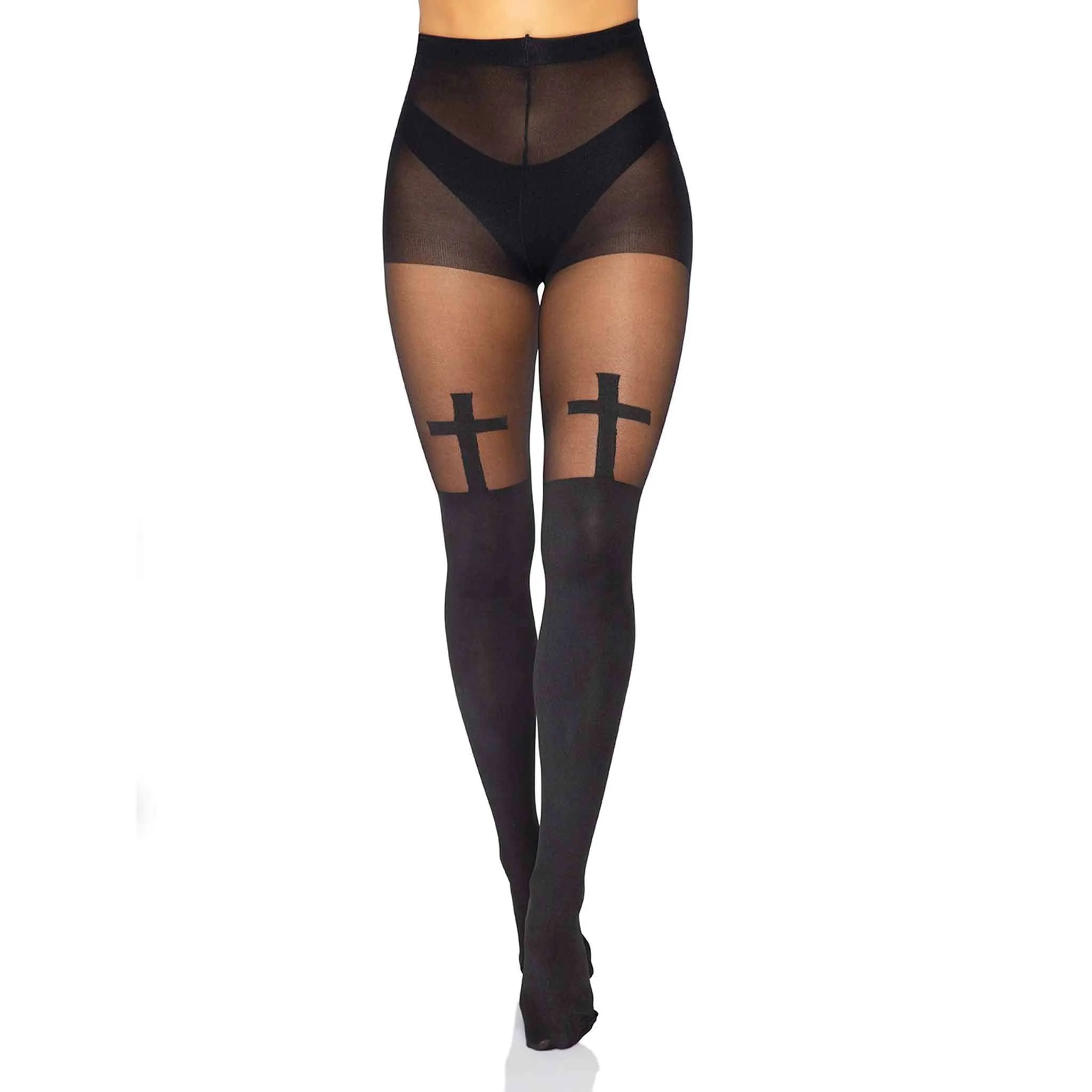 Black Opaque Bless Me Cross Tights w/ Sheer Thigh Accent