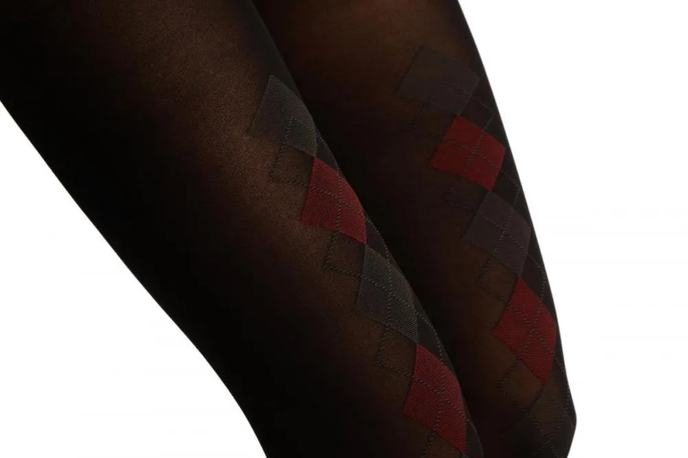 Black With Woven Red & Dark Grey Diamonds Tights