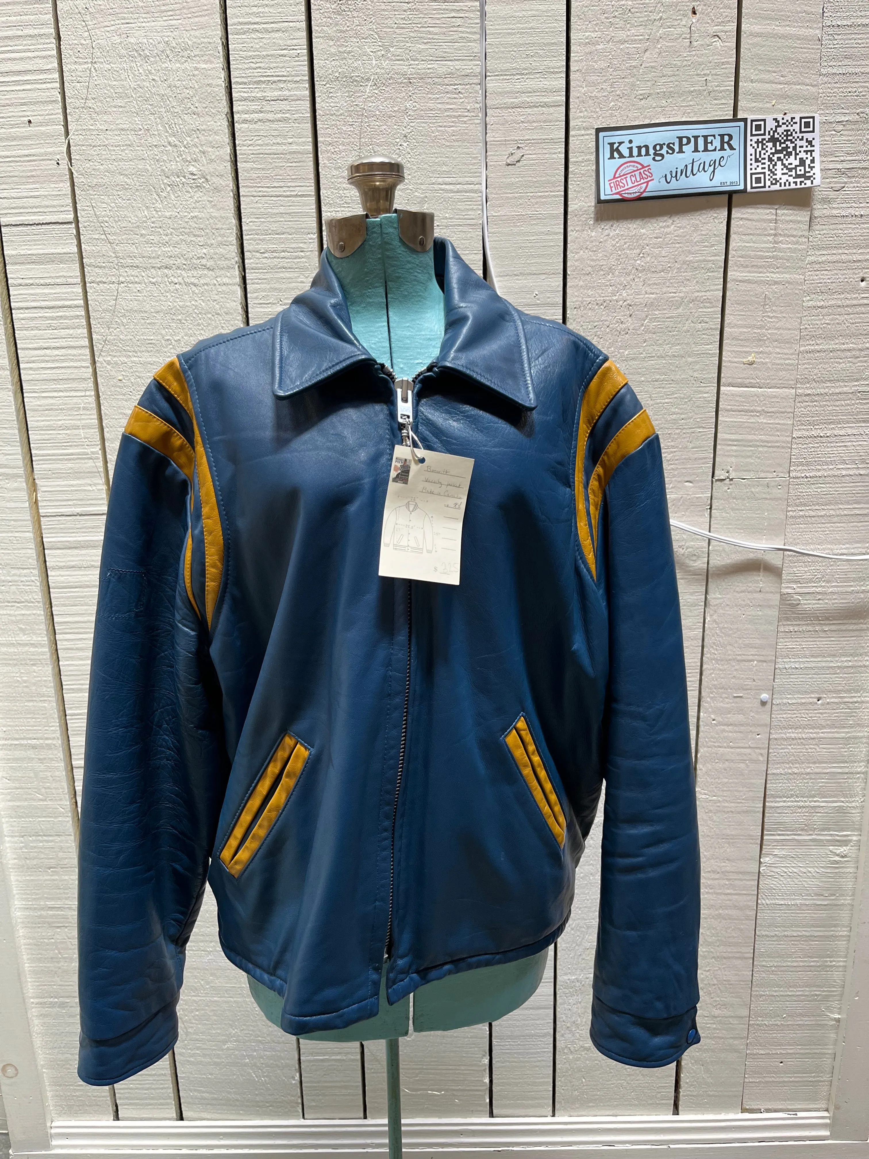 Bonwitt of Winnipeg Blue and Yellow Leather Varsity Jacket, Made in Canada, Size XL SOLD