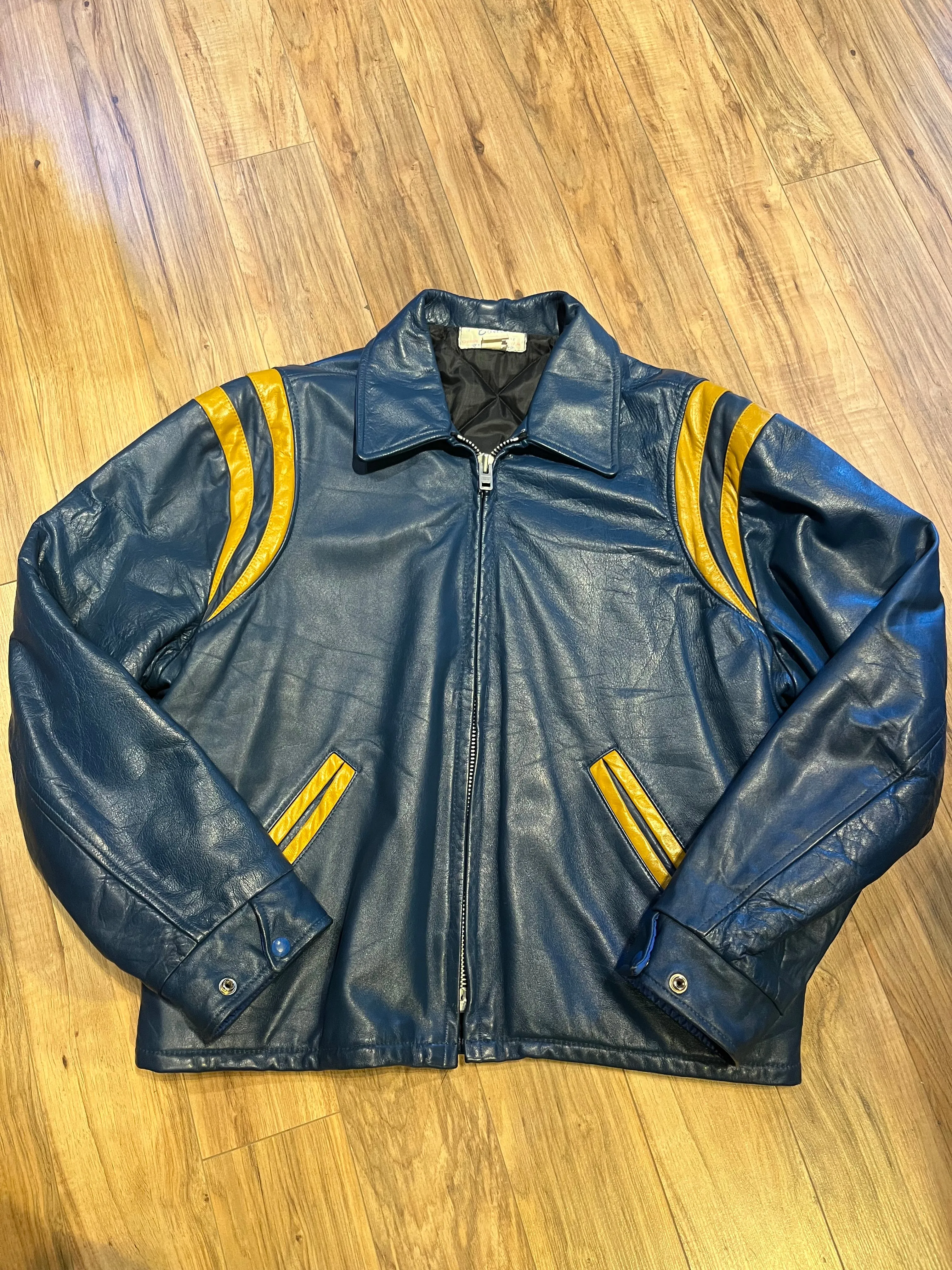 Bonwitt of Winnipeg Blue and Yellow Leather Varsity Jacket, Made in Canada, Size XL SOLD