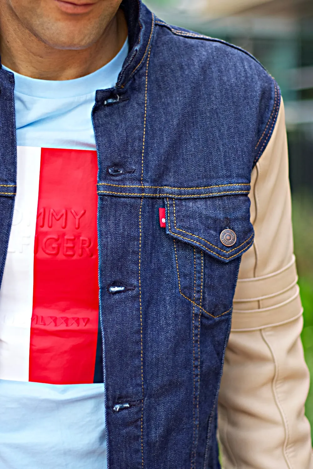 BROOKLYN BT Jean & Leather Jacket Dark Blue Denim & Raw beige Leather Sleeves