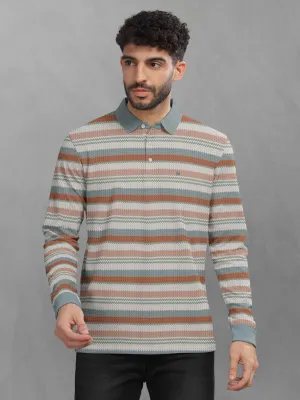 BULLMER Brown Striped Textured Printed Polo Neck FullSleeve T-shirt With Rib For Men