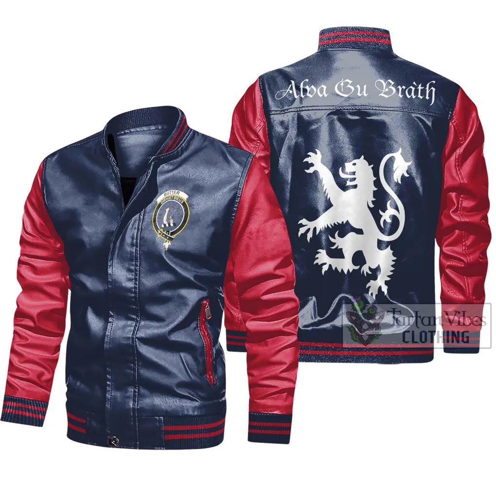 Butter Family Crest Leather Bomber Jacket Lion Rampant Alba Gu Brath Style