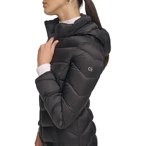 Calvin Klein Women's Light-weight Hooded Puffer Jacket, Black, X-Small