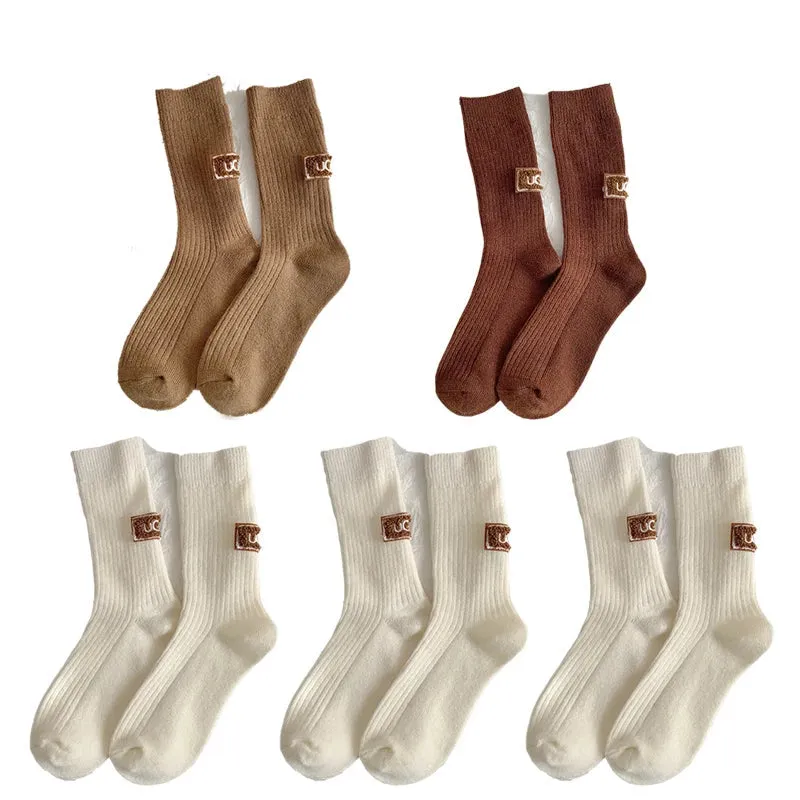 Cashmere Wool 5 pairs Socks Solid Warm Embroidered Mid Calf Socks