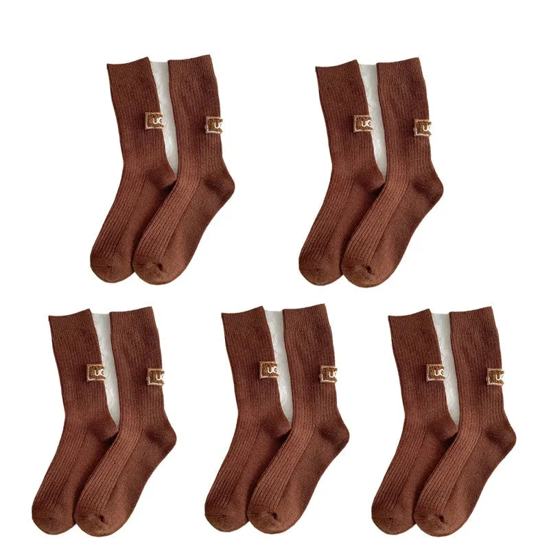 Cashmere Wool 5 pairs Socks Solid Warm Embroidered Mid Calf Socks