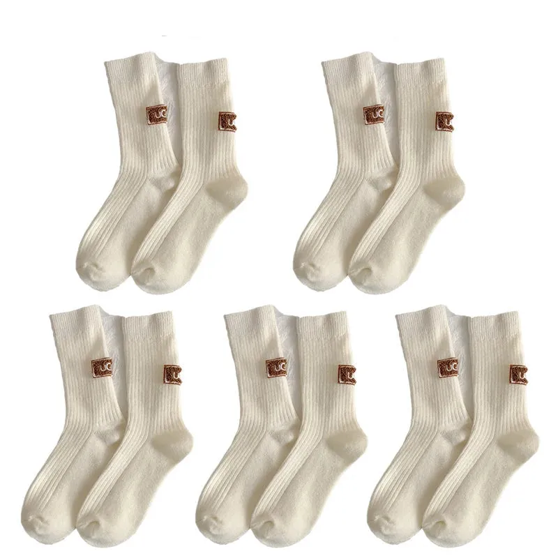 Cashmere Wool 5 pairs Socks Solid Warm Embroidered Mid Calf Socks