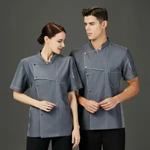 Chef Coat Short Sleeve Men Collar Tops with Pocket Restaurant Canteen Uniform