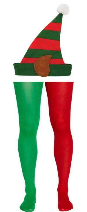 Christmas Elf Santa Helper Red Green Tights Hat W/Ears Fancy Dress Set