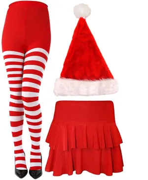 Christmas Red White Stripy Tights Rara Skirt Deluxe Santa Hat Xmas Fancy Dress