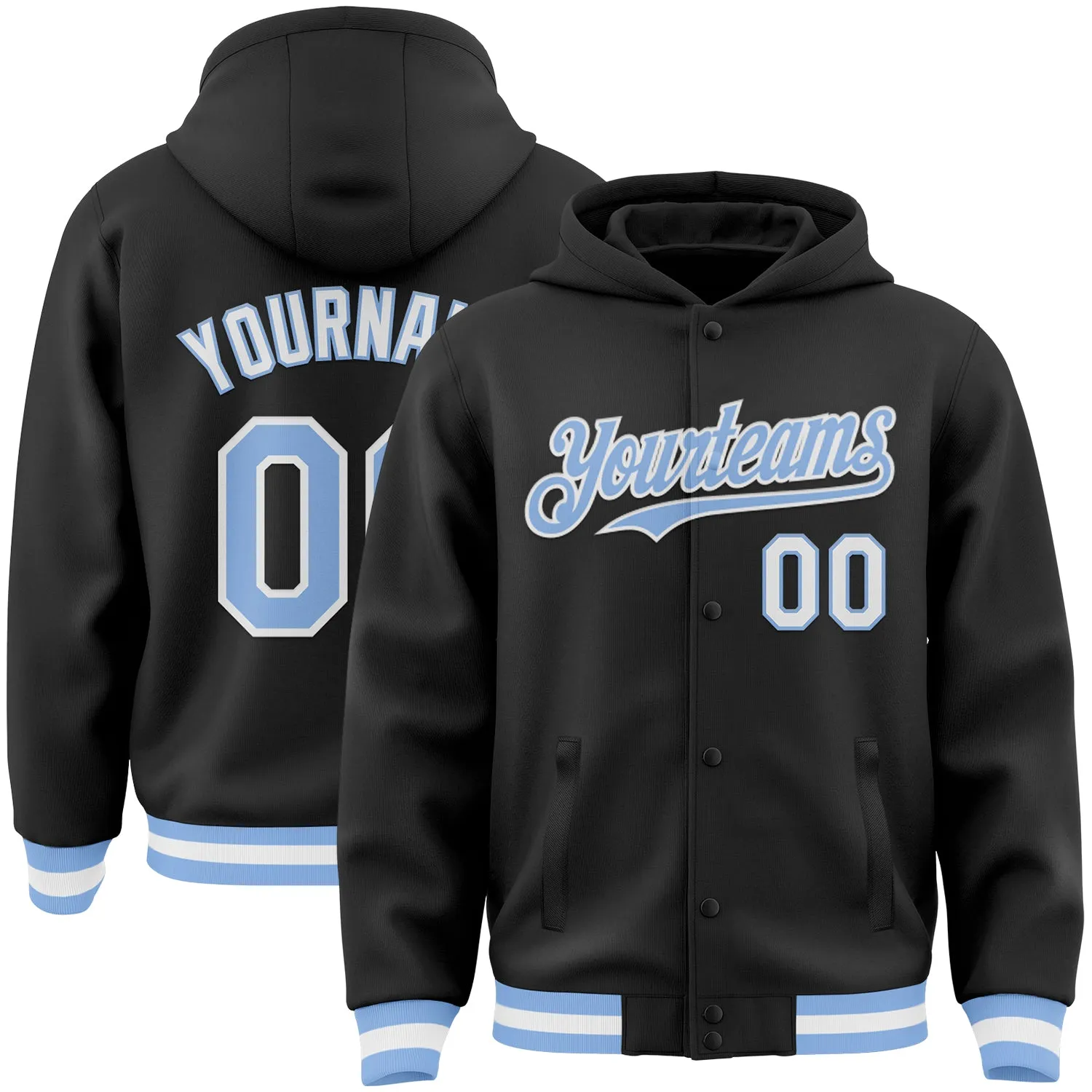 Custom Black Light Blue-White Bomber Full-Snap Varsity Letterman Hoodie Jacket