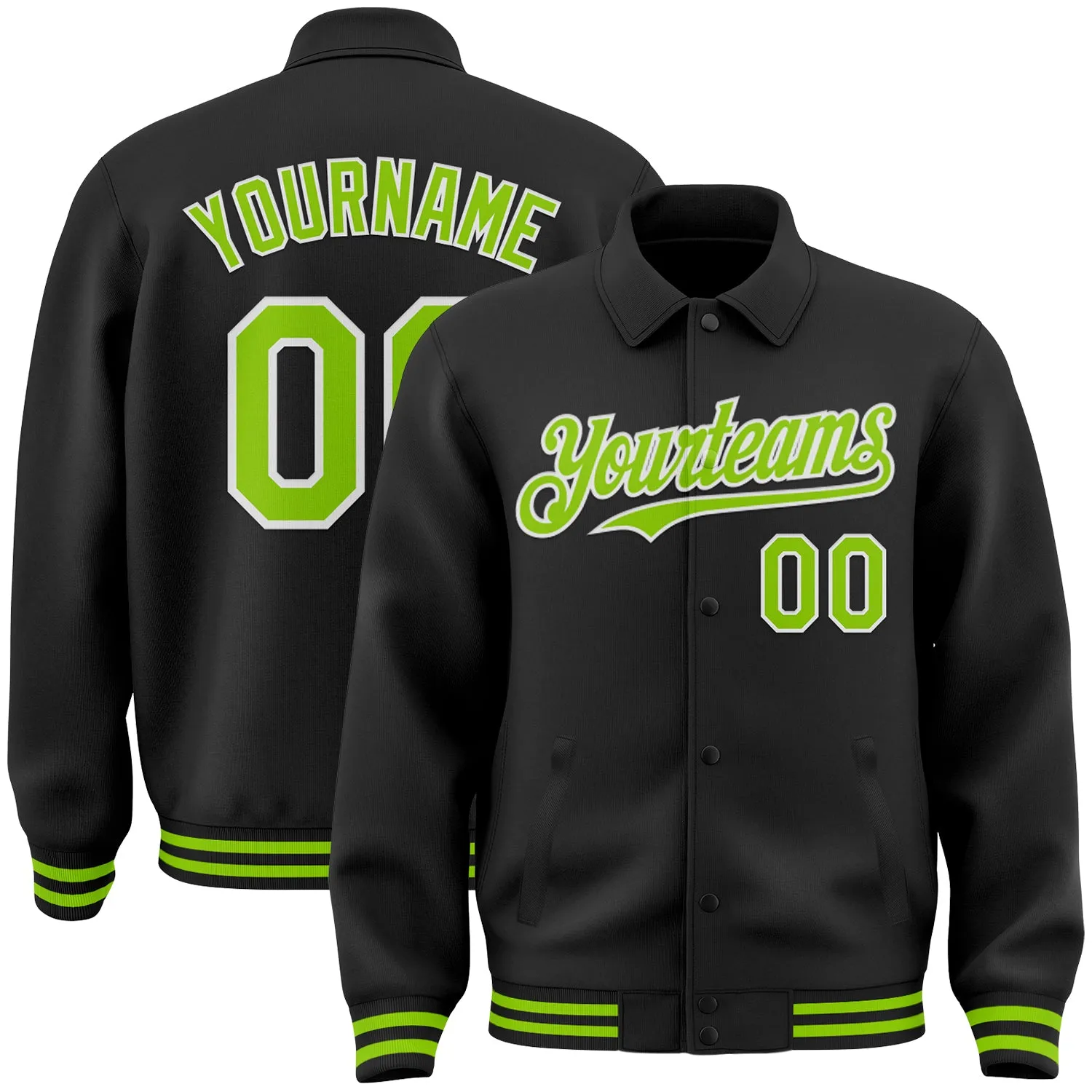 Custom Black Neon Green-White Bomber Full-Snap Varsity Letterman Lapel Collar Byron Jacket