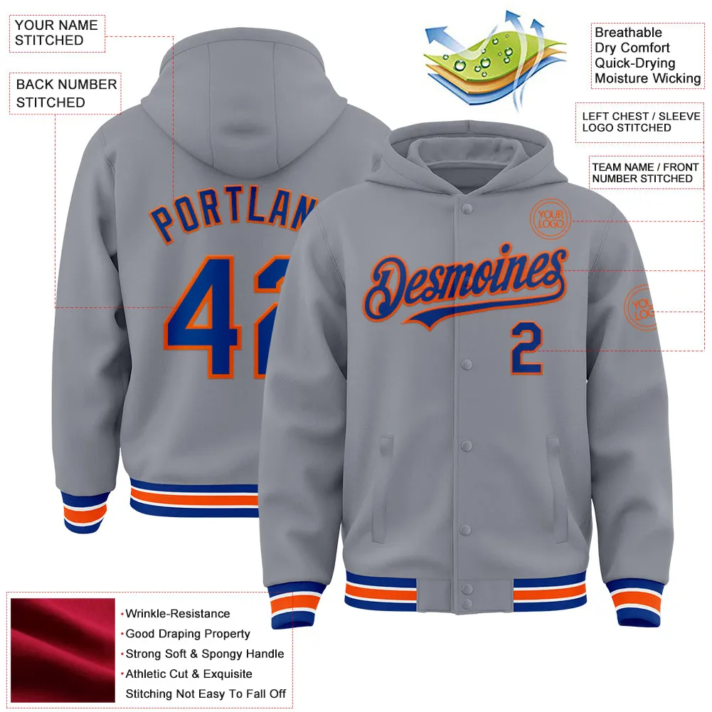 Custom Gray Royal-Orange Bomber Full-Snap Varsity Letterman Hoodie Jacket