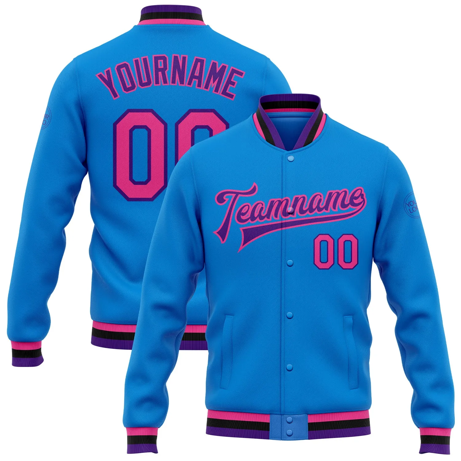 Custom Powder Blue Pink Purple-Black Bomber Full-Snap Varsity Letterman Jacket