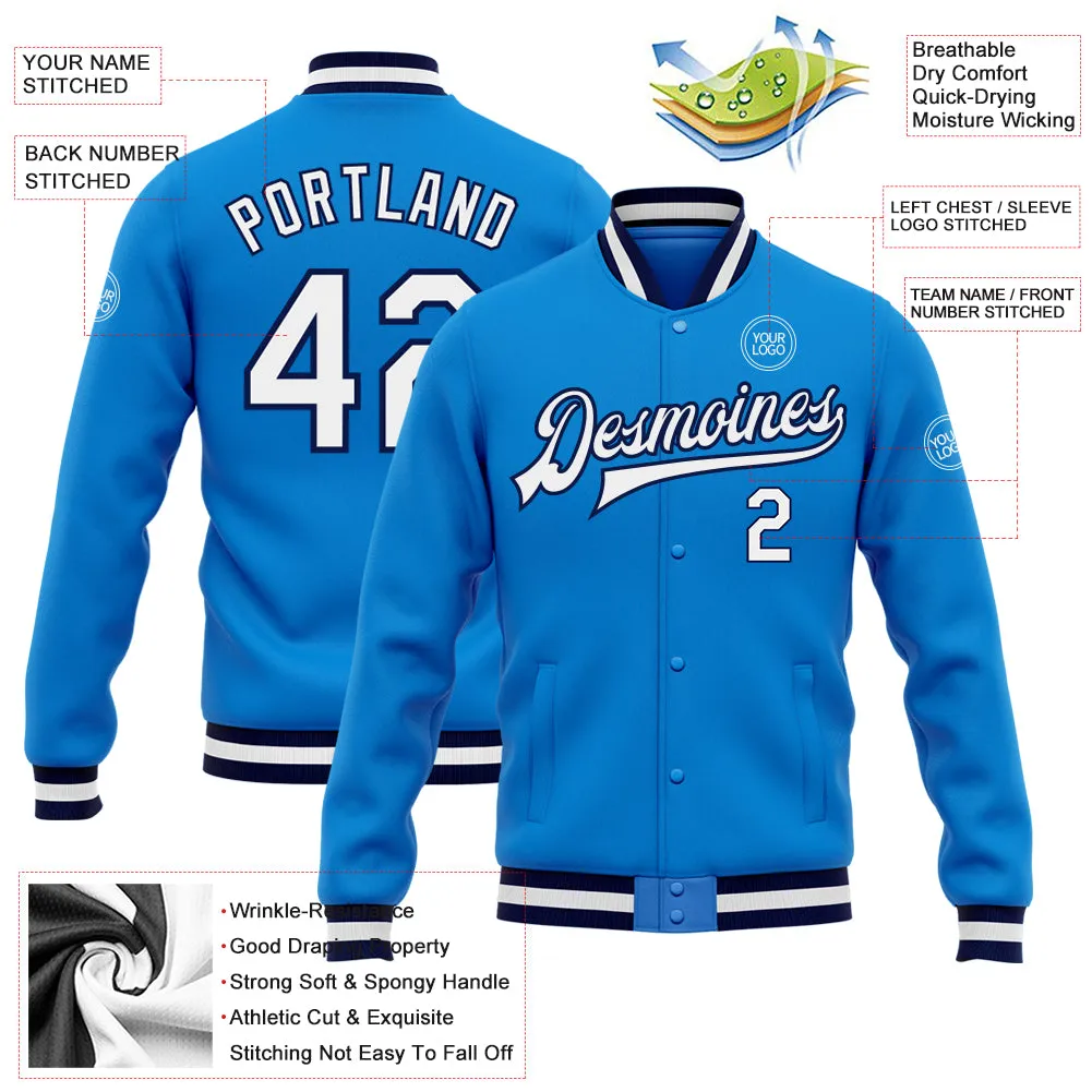 Custom Powder Blue White-Navy Bomber Full-Snap Varsity Letterman Jacket