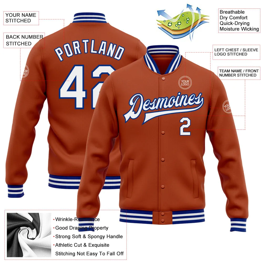 Custom Texas Orange White-Royal Bomber Full-Snap Varsity Letterman Jacket