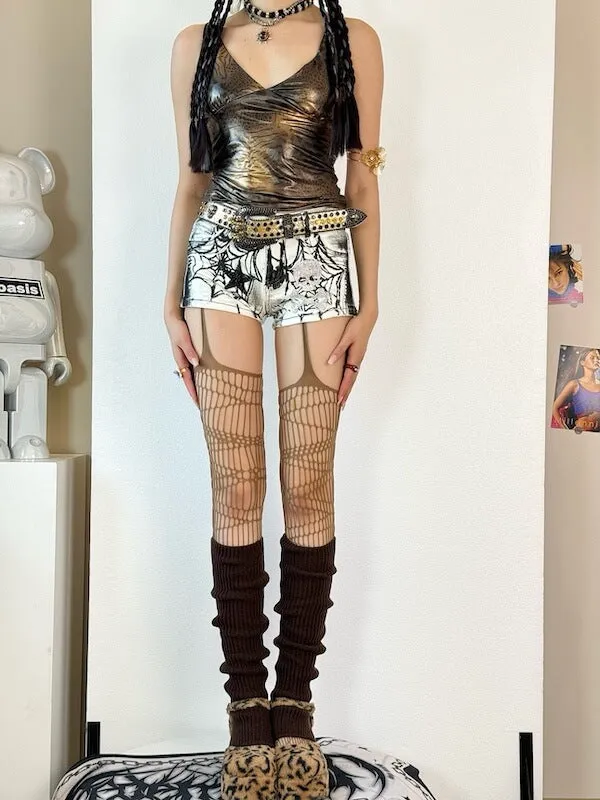 Dark punk strap ripped fishnet tights