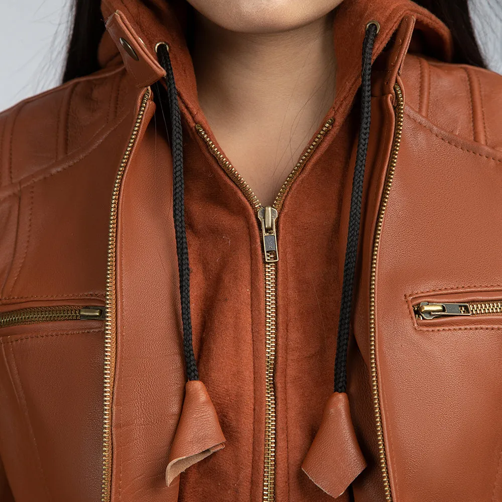 Elsa Brown Vintage Leather Jacket With Detachable Hood