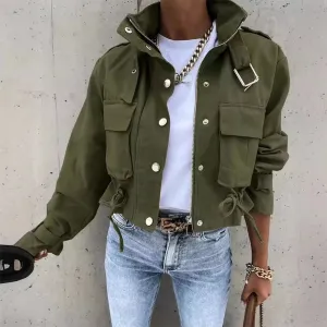 Fashionable Cargo Jackets for Women - Turndown Neck Long Sleeve Pockets Drawstring Casual Workwear Crop Coat