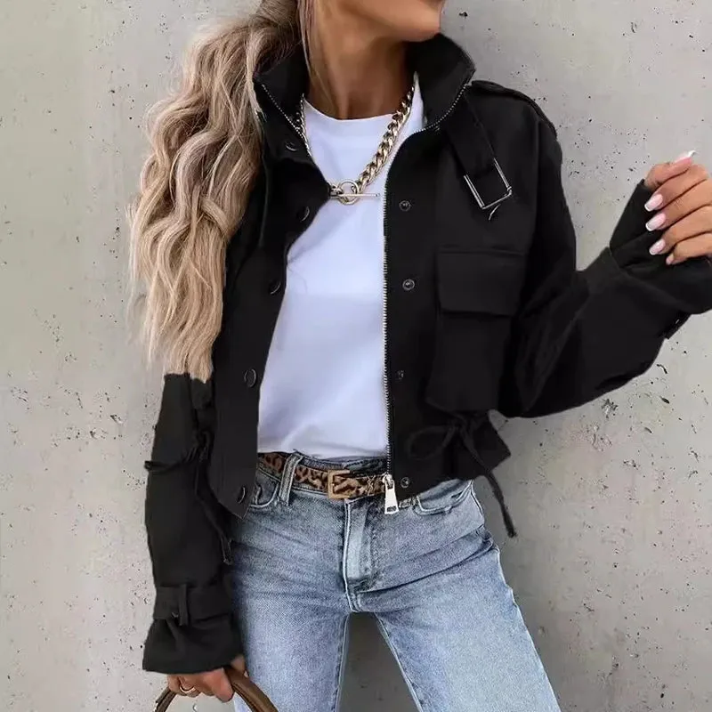 Fashionable Cargo Jackets for Women - Turndown Neck Long Sleeve Pockets Drawstring Casual Workwear Crop Coat