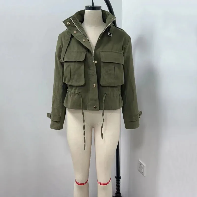 Fashionable Cargo Jackets for Women - Turndown Neck Long Sleeve Pockets Drawstring Casual Workwear Crop Coat