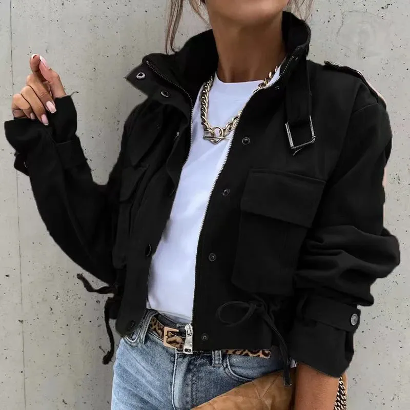 Fashionable Cargo Jackets for Women - Turndown Neck Long Sleeve Pockets Drawstring Casual Workwear Crop Coat