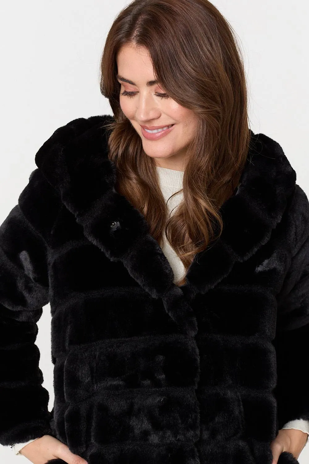 Faux Fur Thigh Length Hooded Jacket