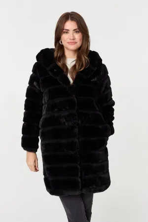 Faux Fur Thigh Length Hooded Jacket