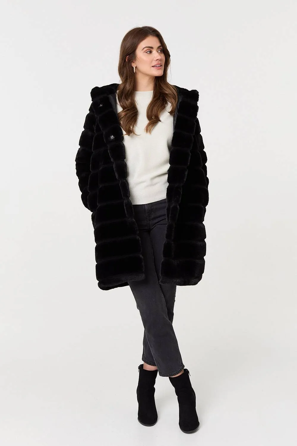 Faux Fur Thigh Length Hooded Jacket