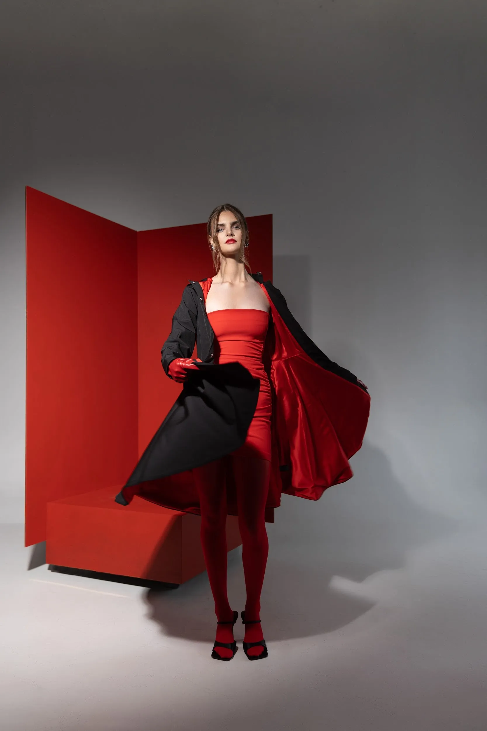 Fit and Flare Coat with Full Circle skirt in Black and Red | 'Raven Red'