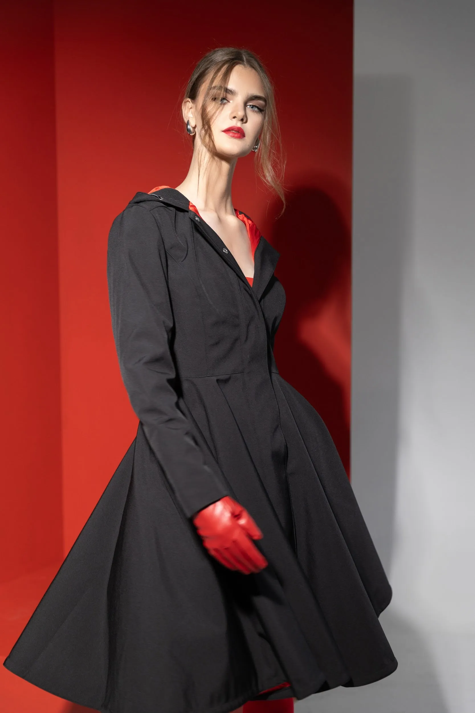 Fit and Flare Coat with Full Circle skirt in Black and Red | 'Raven Red'