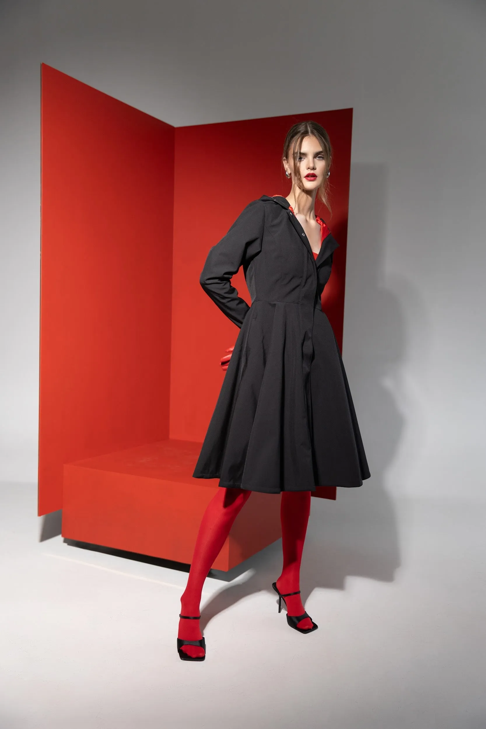 Fit and Flare Coat with Full Circle skirt in Black and Red | 'Raven Red'