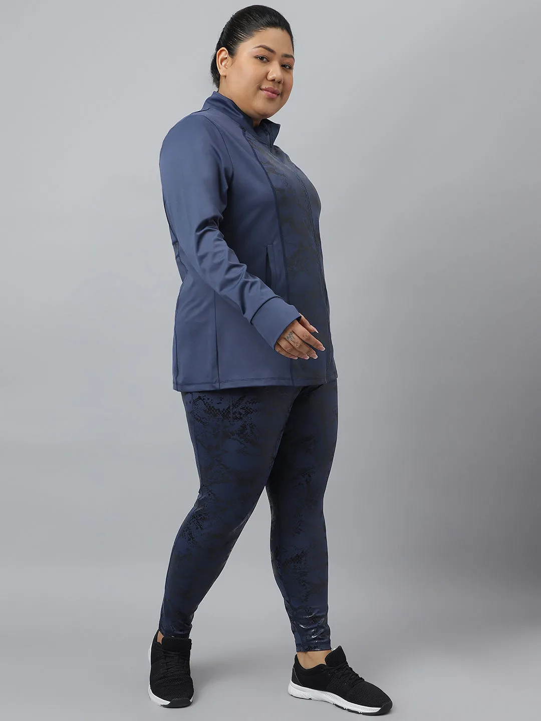 Fitkin Plus Size Anti-Odor Four Way Stretch Navy Front Zipper Tracksuit