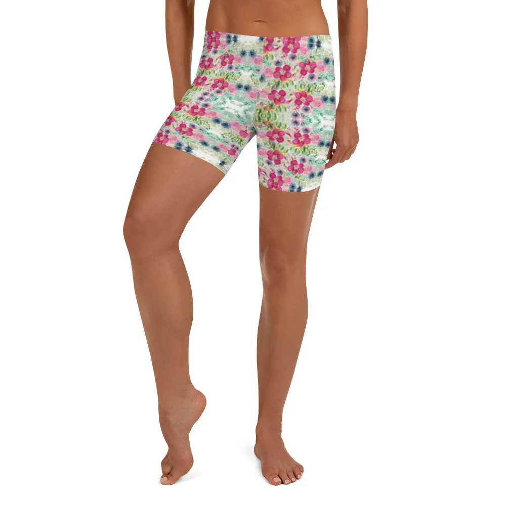 Floral Print Women's Shorts, Red Pink Flower Garden Ladies' Gym Tights-Made in USA/EU/MX