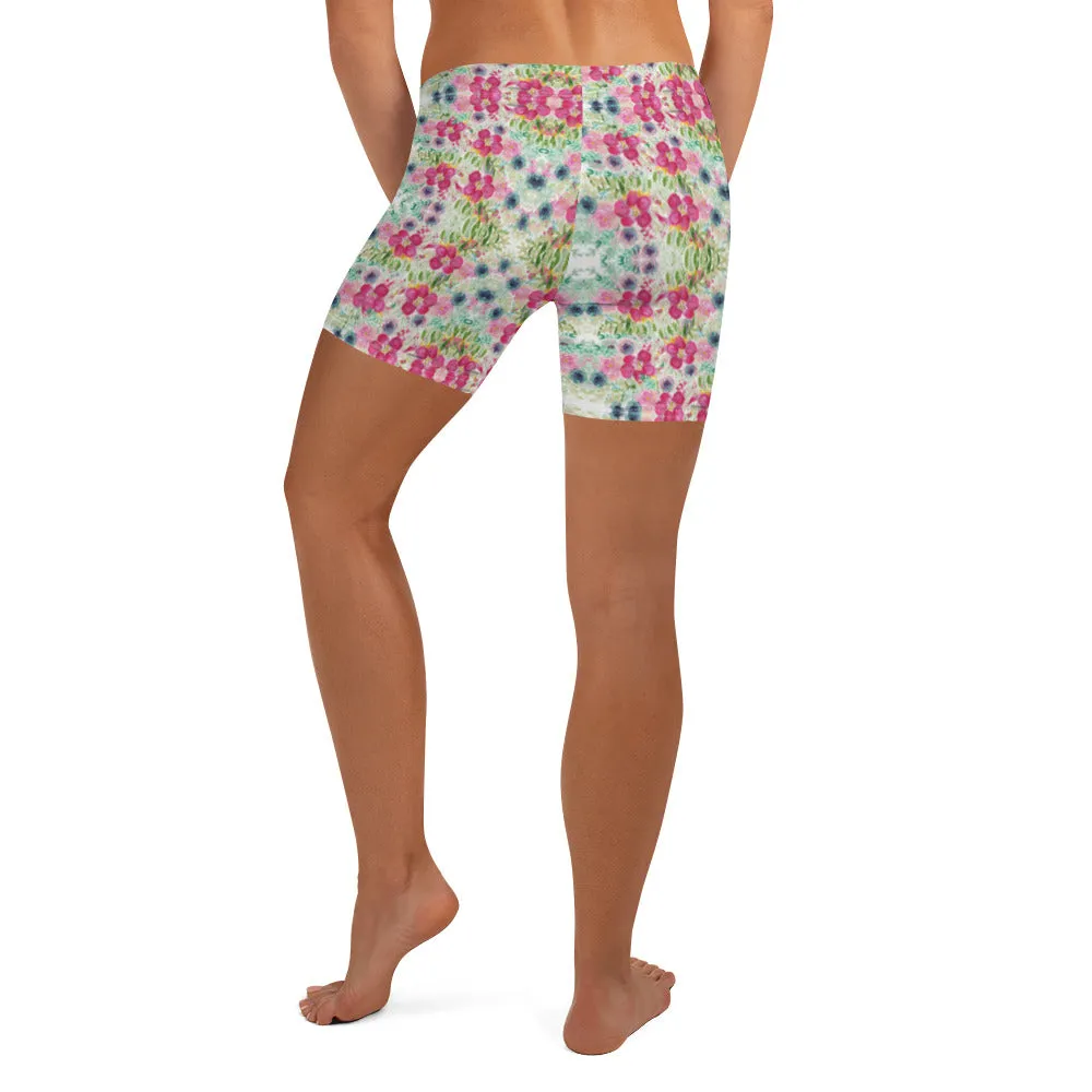 Floral Print Women's Shorts, Red Pink Flower Garden Ladies' Gym Tights-Made in USA/EU/MX