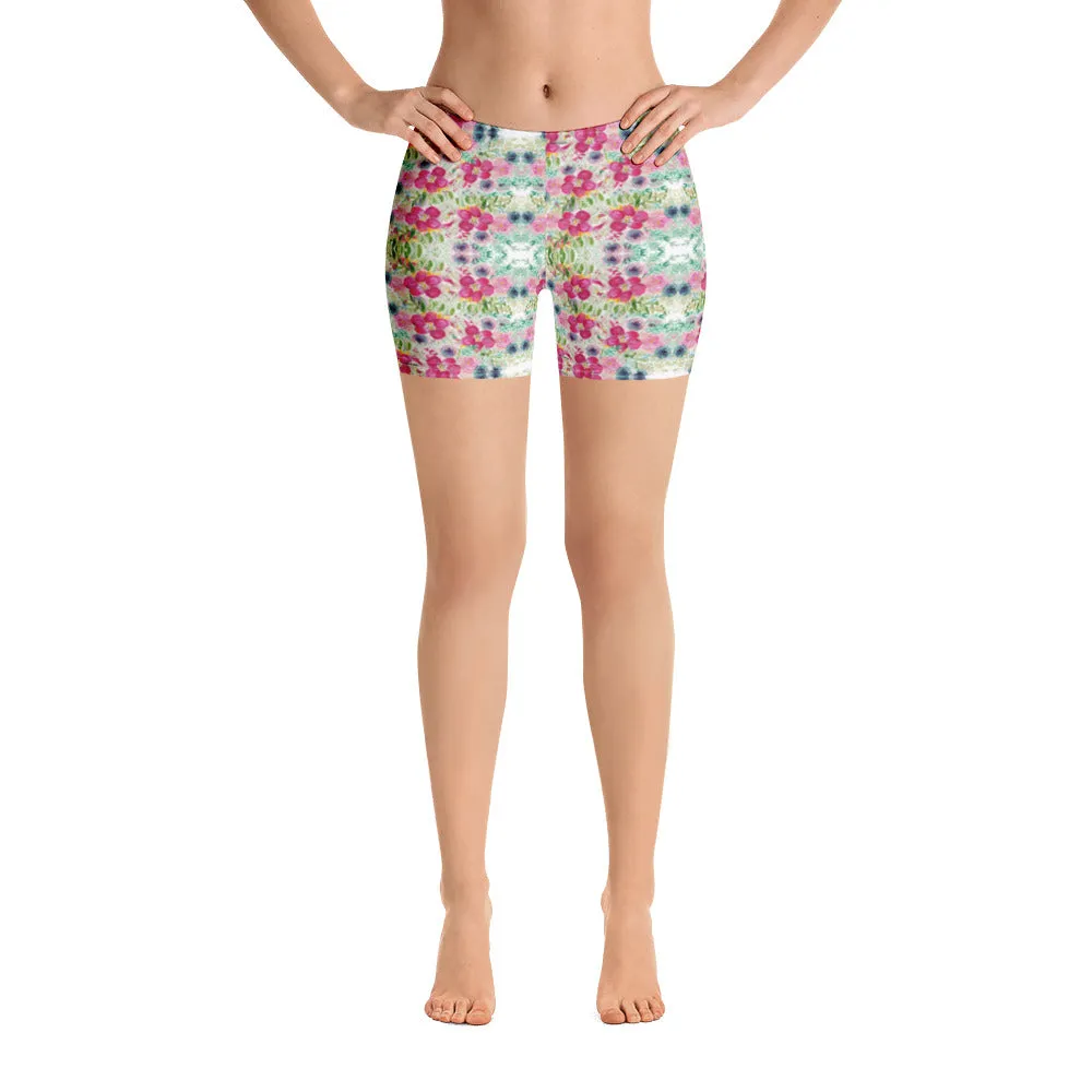 Floral Print Women's Shorts, Red Pink Flower Garden Ladies' Gym Tights-Made in USA/EU/MX