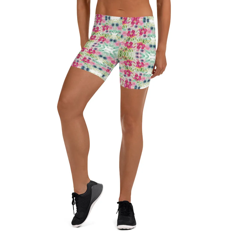 Floral Print Women's Shorts, Red Pink Flower Garden Ladies' Gym Tights-Made in USA/EU/MX